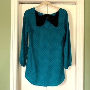 Teal Polka Dot Blouse with Bow details in back